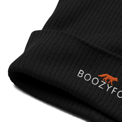 Front details of a Black Organic Ribbed Beanie With An Embroidered Boozy Fox Logo On Fold - Shop Organic Cotton Beanies Online - Boozy Fox