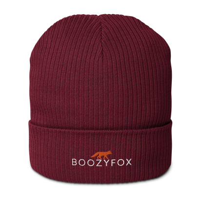 Burgundy Organic Ribbed Beanie With An Embroidered Boozy Fox Logo On Fold - Shop Organic Cotton Beanies Online - Boozy Fox