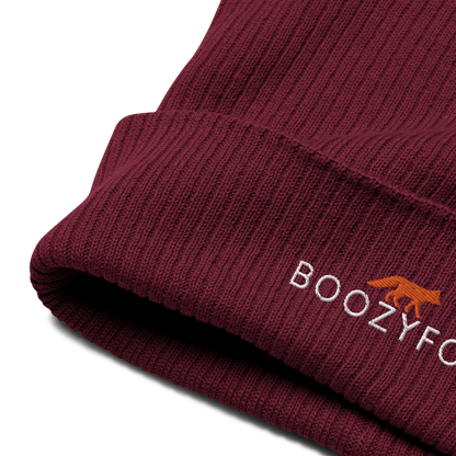 Front details of a Burgundy Organic Ribbed Beanie With An Embroidered Boozy Fox Logo On Fold - Shop Organic Cotton Beanies Online - Boozy Fox