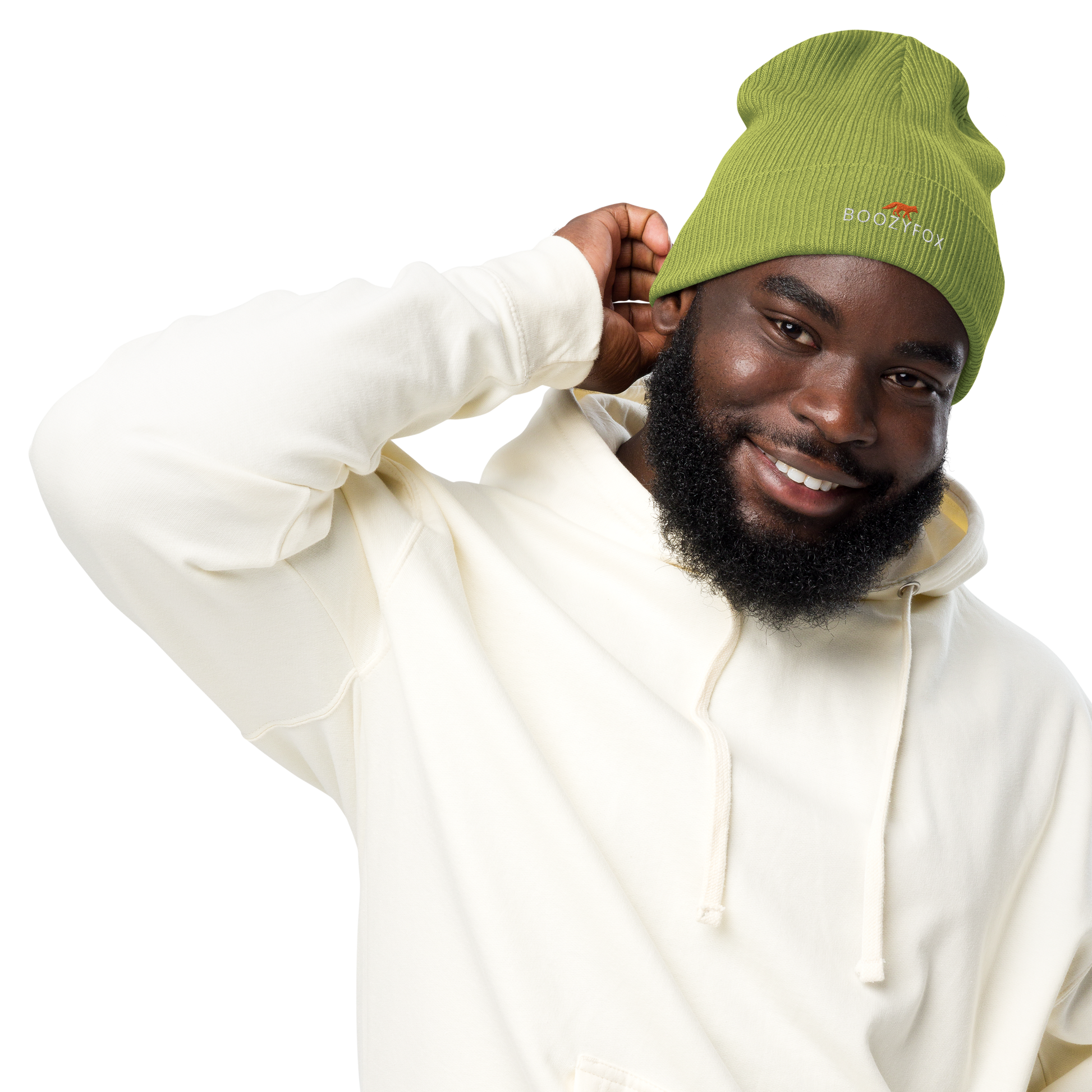 Smiling man wearing a Leaf Green Organic Ribbed Beanie With An Embroidered Boozy Fox Logo On Fold - Shop Organic Cotton Beanies Online - Boozy Fox