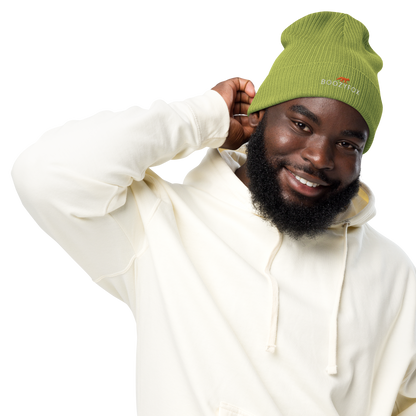 Smiling man wearing a Leaf Green Organic Ribbed Beanie With An Embroidered Boozy Fox Logo On Fold - Shop Organic Cotton Beanies Online - Boozy Fox