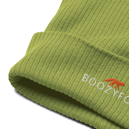 Front details of a Leaf Green Organic Ribbed Beanie With An Embroidered Boozy Fox Logo On Fold - Shop Organic Cotton Beanies Online - Boozy Fox