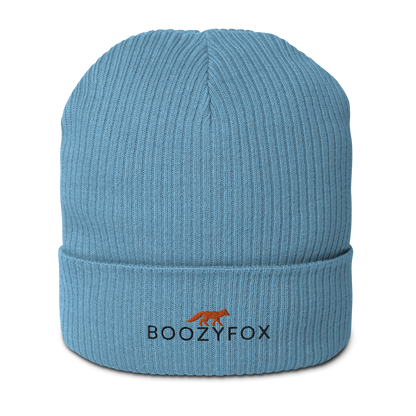 Light Avio Blue Organic Ribbed Beanie With An Embroidered Boozy Fox Logo On Fold - Shop Organic Cotton Beanies Online - Boozy Fox