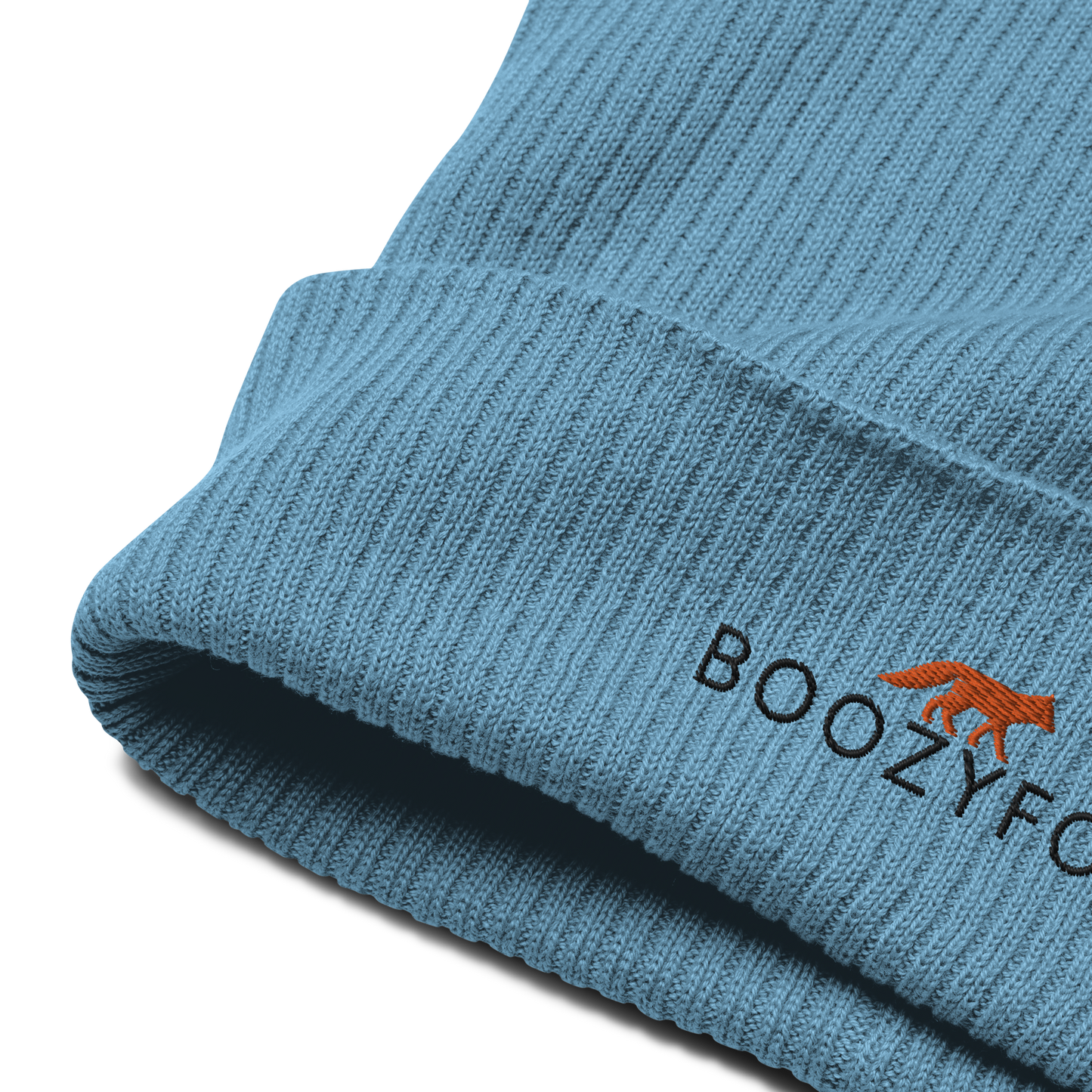 Front details of a Light Avio Blue Organic Ribbed Beanie With An Embroidered Boozy Fox Logo On Fold - Shop Organic Cotton Beanies Online - Boozy Fox
