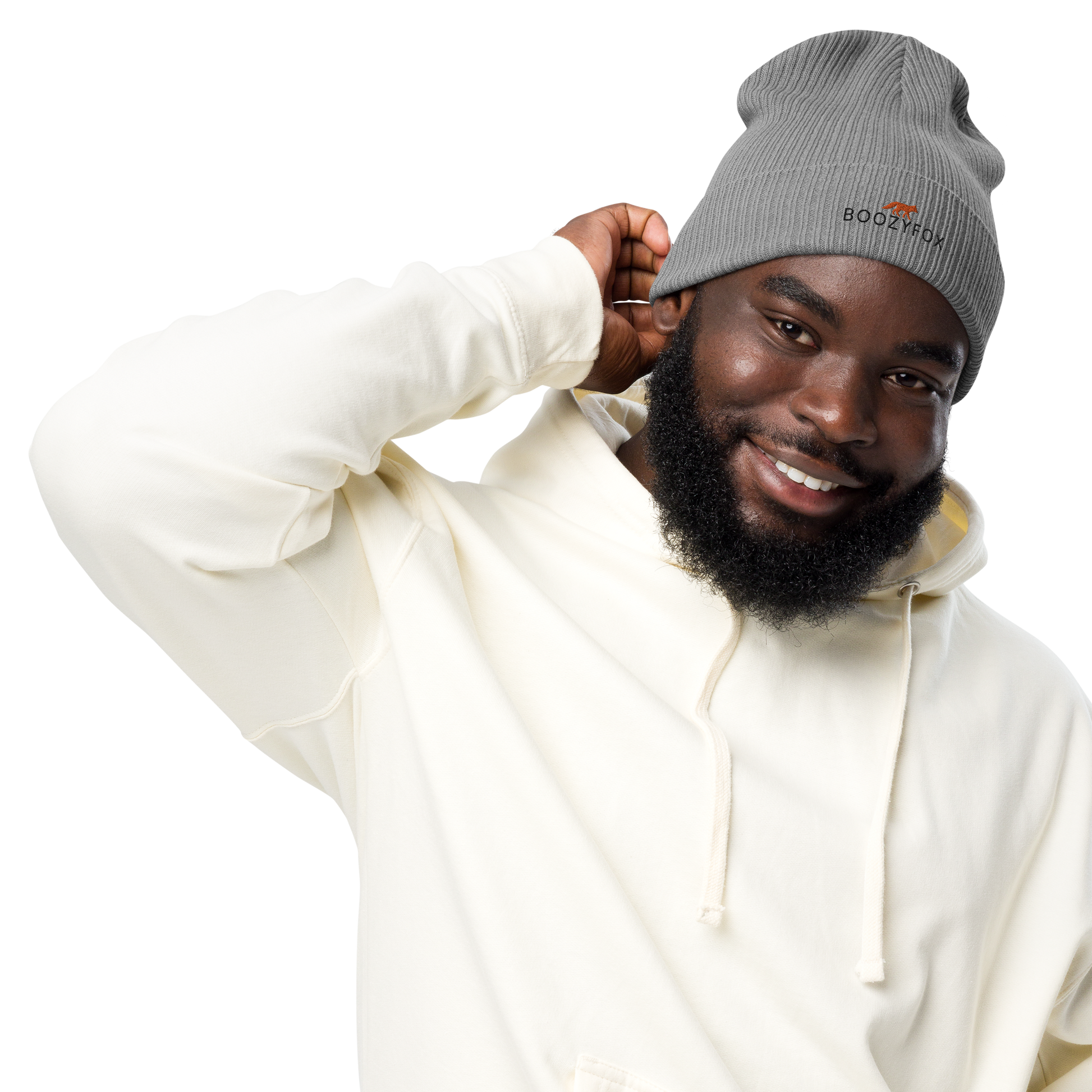Smiling man wearing a Light Grey Organic Ribbed Beanie With An Embroidered Boozy Fox Logo On Fold - Shop Organic Cotton Beanies Online - Boozy Fox