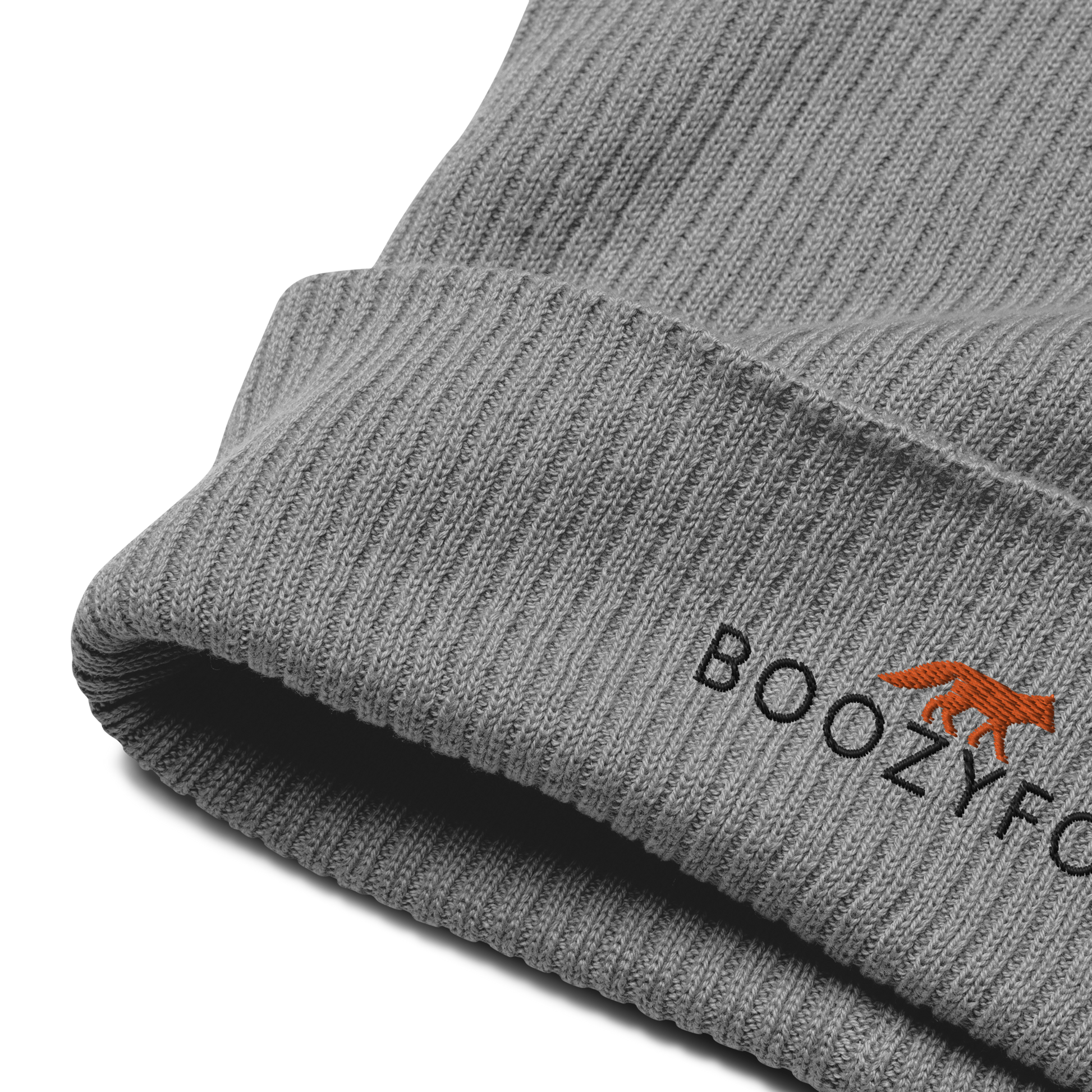 Front details of a Light Grey Organic Ribbed Beanie With An Embroidered Boozy Fox Logo On Fold - Shop Organic Cotton Beanies Online - Boozy Fox
