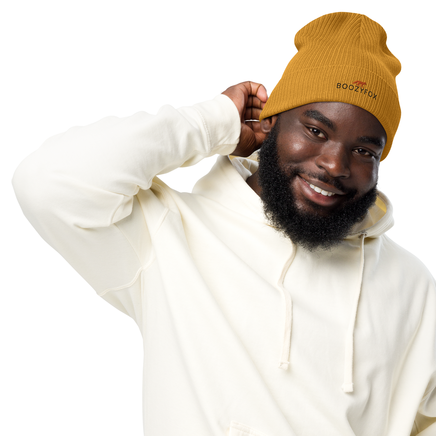 Smiling man wearing a Mustard Yellow Organic Ribbed Beanie With An Embroidered Boozy Fox Logo On Fold - Shop Organic Cotton Beanies Online - Boozy Fox
