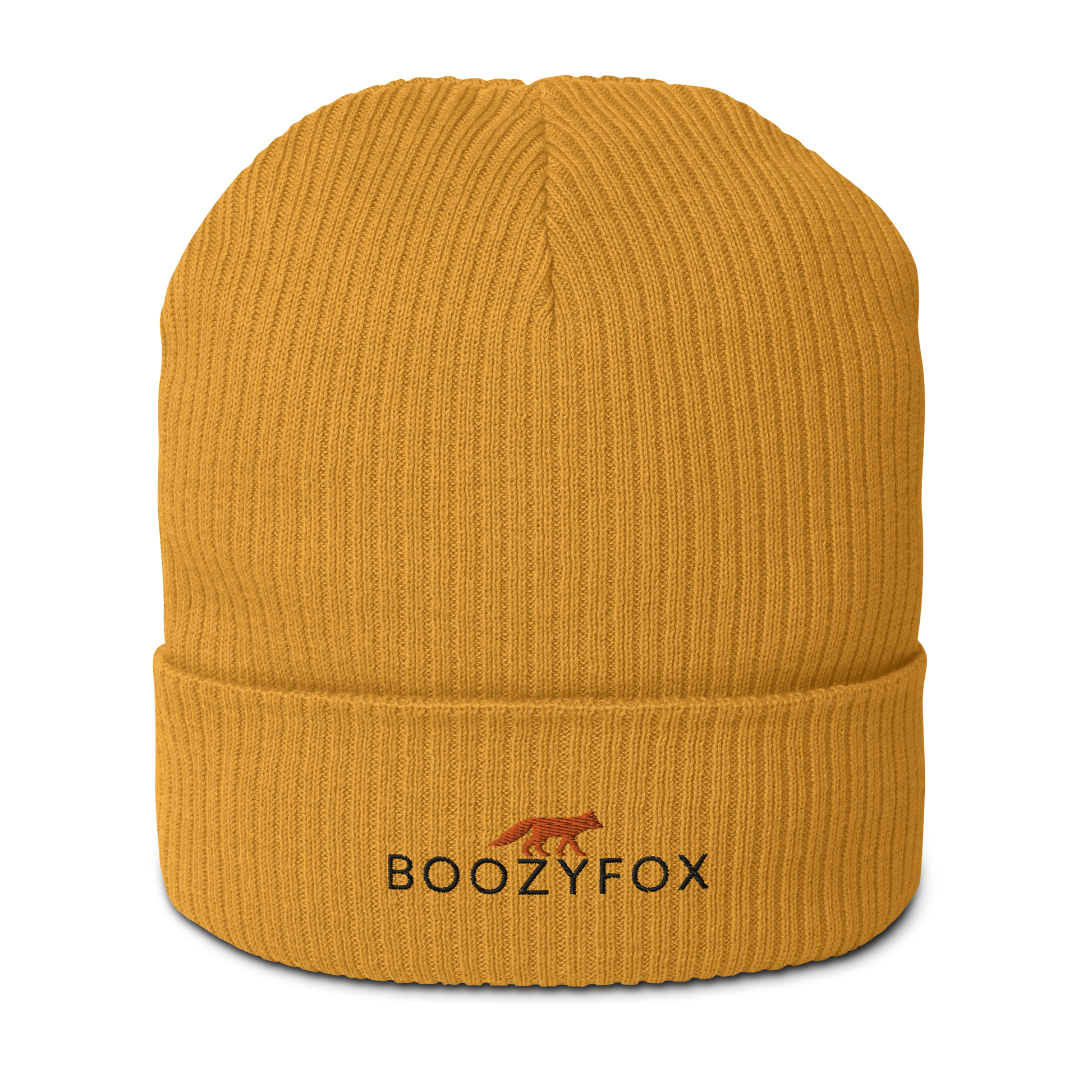 Mustard Yellow Organic Ribbed Beanie With An Embroidered Boozy Fox Logo On Fold - Shop Organic Cotton Beanies Online - Boozy Fox