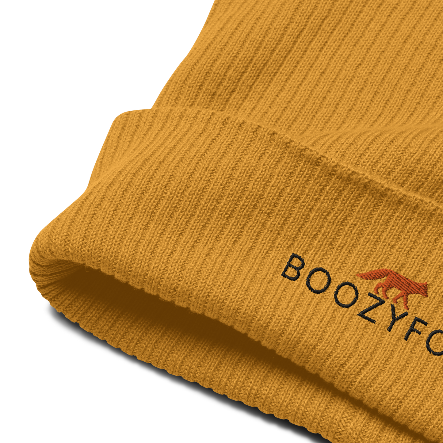 Front details of a Mustard Yellow Organic Ribbed Beanie With An Embroidered Boozy Fox Logo On Fold - Shop Organic Cotton Beanies Online - Boozy Fox