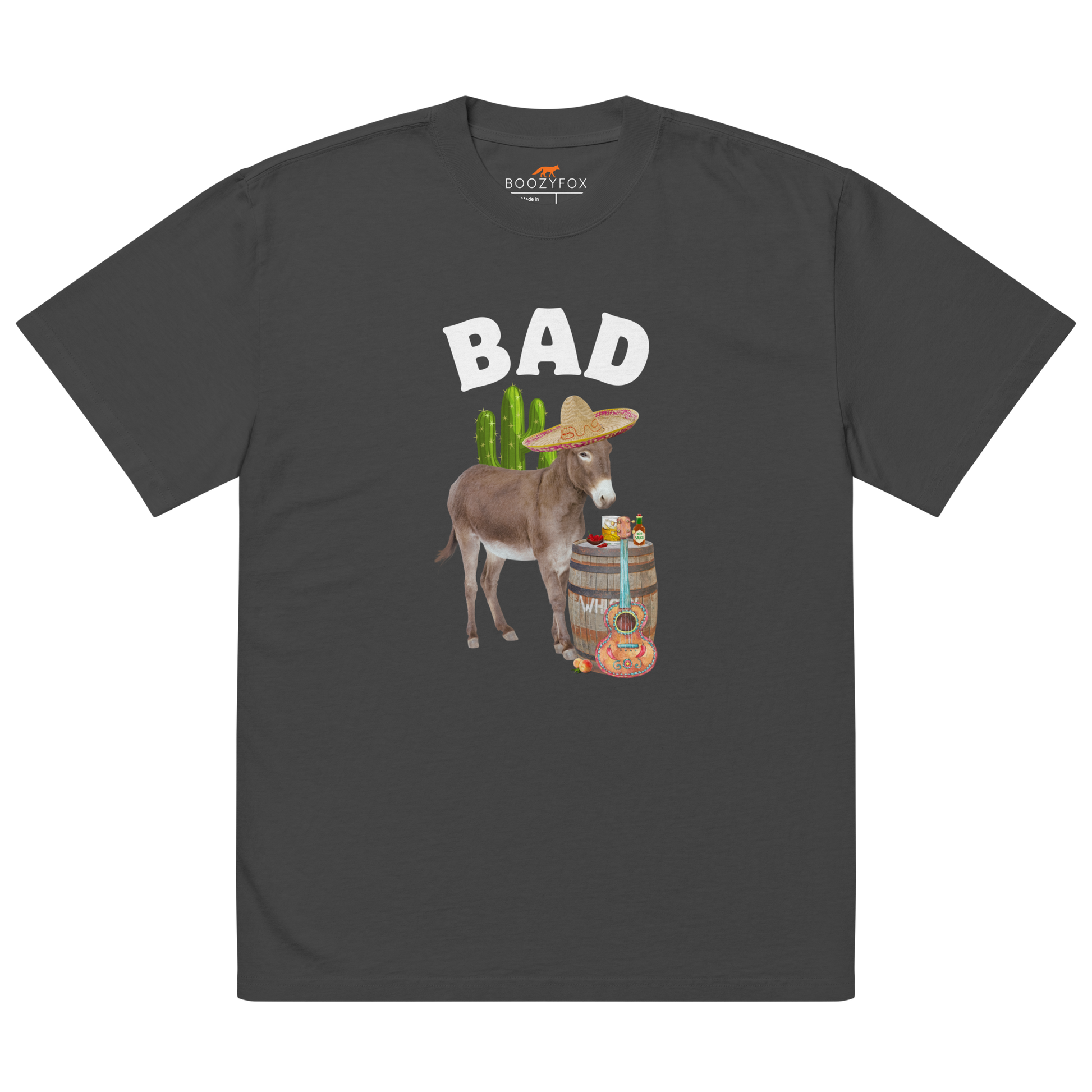 Faded Black Donkey Oversized T-Shirt Featuring a cheeky Bad Ass Donkey graphic on the chest - Funny Graphic Bad Ass Donkey Oversized Tees - Boozy Fox