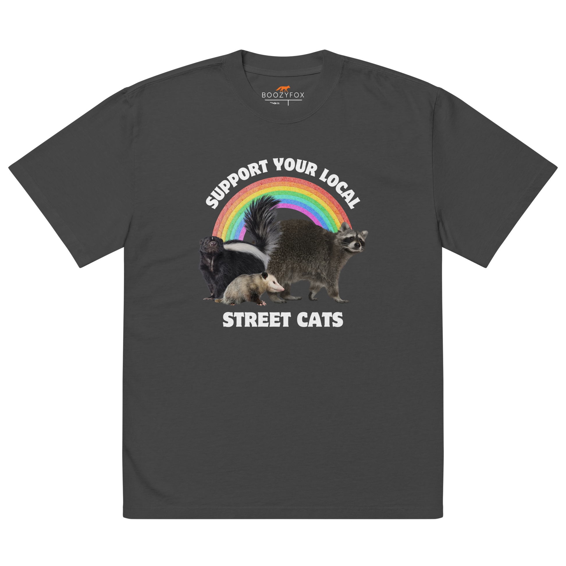 Faded Black Street Cats Oversized T-Shirt featuring a purr-fect trio – opossum, skunk, raccoon – and the Support Your Local Street Cats graphic on the chest - Funny Graphic Animal Oversized Tees - Boozy Fox