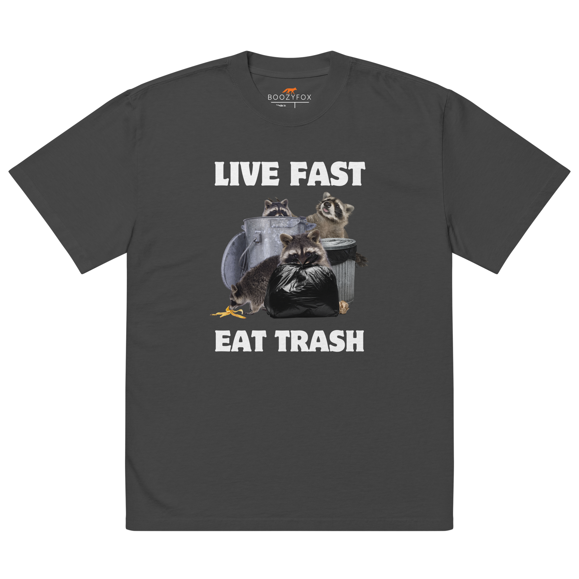 Faded Black Raccoon Oversized T-Shirt featuring the bold Live Fast Eat Trash graphic on the chest - Funny Graphic Raccoon Oversized Tees - Boozy Fox