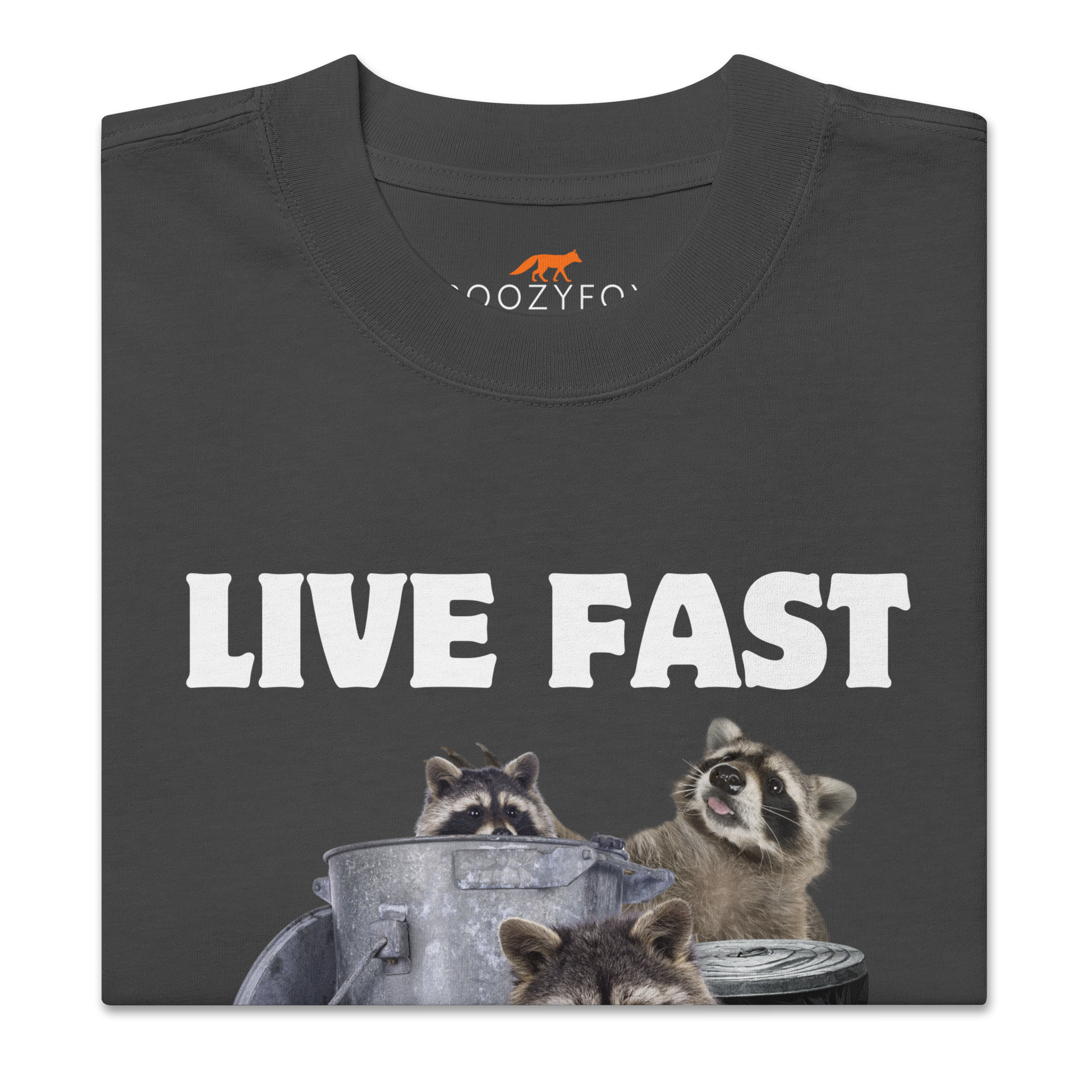 Product details of a Faded Black Raccoon Oversized T-Shirt featuring the bold Live Fast Eat Trash graphic on the chest - Funny Graphic Raccoon Oversized Tees - Boozy Fox