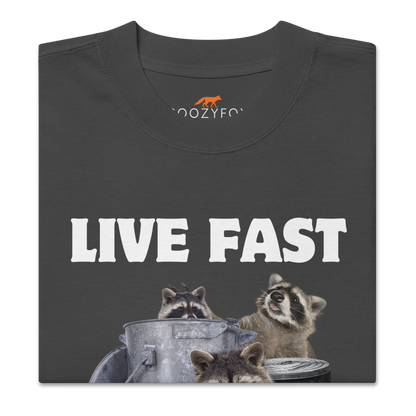 Product details of a Faded Black Raccoon Oversized T-Shirt featuring the bold Live Fast Eat Trash graphic on the chest - Funny Graphic Raccoon Oversized Tees - Boozy Fox