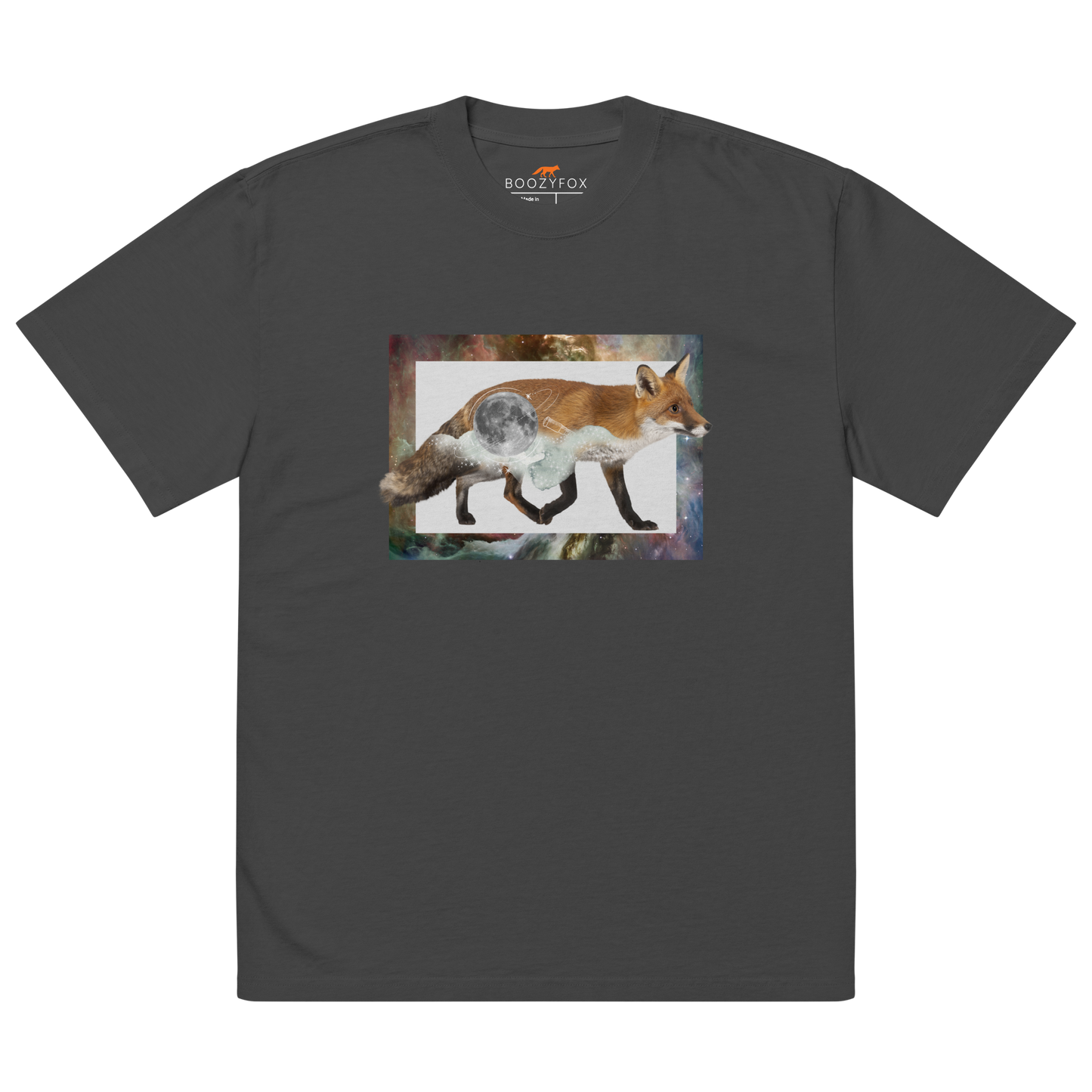 Faded Black Fox Oversized T-Shirt featuring a stellar Space Fox graphic on the chest - Cool Graphic Fox Oversized Tees - Boozy Fox