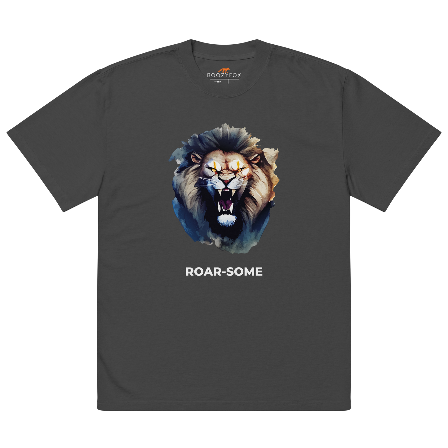 Faded Black Lion Oversized T-Shirt featuring a Roar-Some graphic on the chest - Cool Graphic Lion Oversized Tees - Boozy Fox