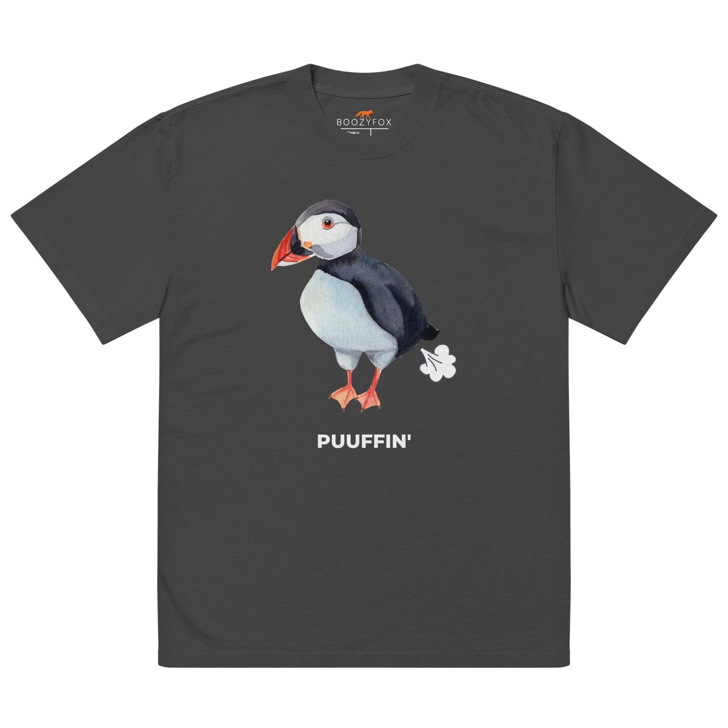 Faded Black Puffin Oversized T-Shirt featuring a comic Puuffin' graphic on the chest - Funny Graphic Puffin Oversized Tees - Boozy Fox