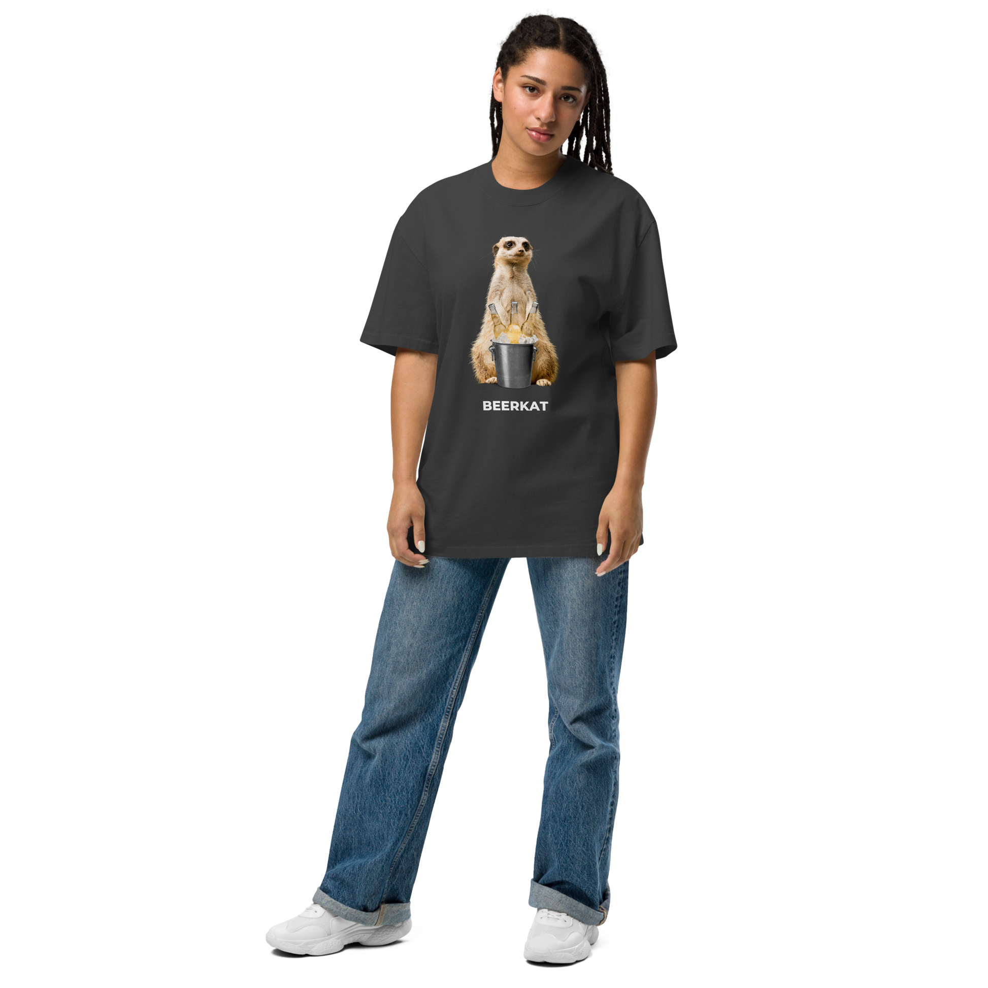 Woman wearing a Faded Black Meerkat Oversized T-Shirt featuring a hilarious Beerkat graphic on the chest - Funny Graphic Meerkat Oversized Tees - Boozy Fox