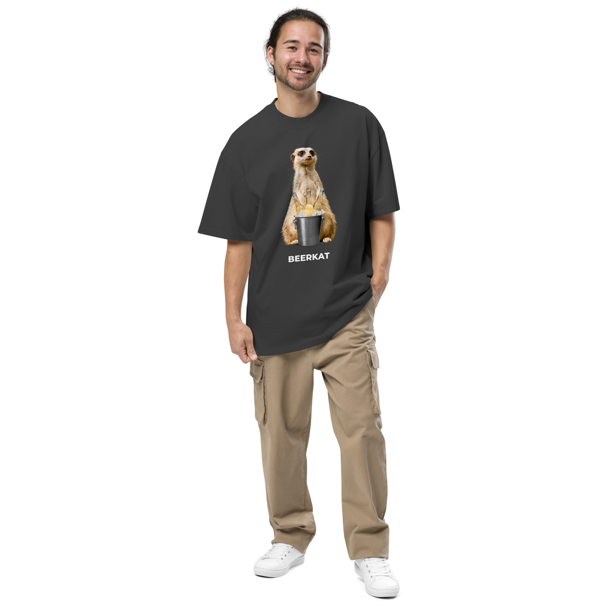 Smiling man wearing a Faded Black Meerkat Oversized T-Shirt featuring a hilarious Beerkat graphic on the chest - Funny Graphic Meerkat Oversized Tees - Boozy Fox