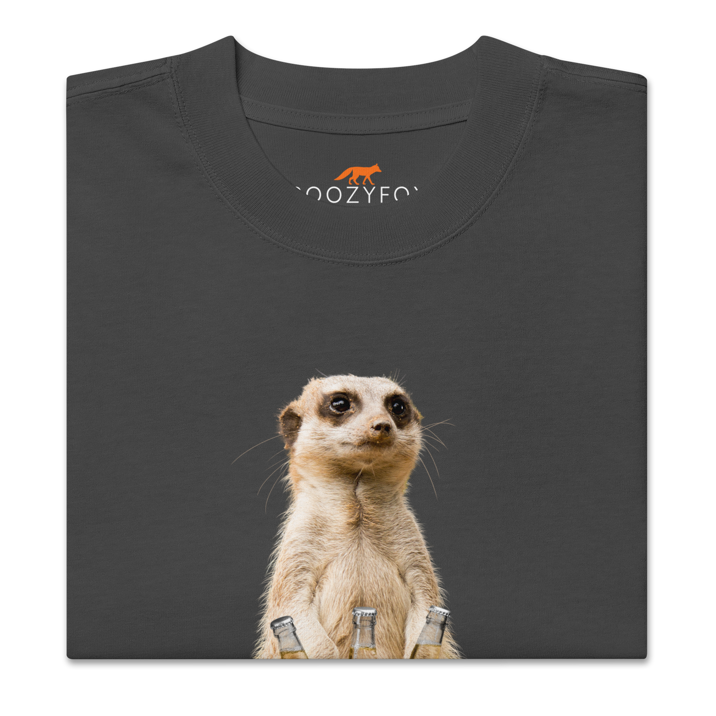 Product details of a Faded Black Meerkat Oversized T-Shirt featuring a hilarious Beerkat graphic on the chest - Funny Graphic Meerkat Oversized Tees - Boozy Fox