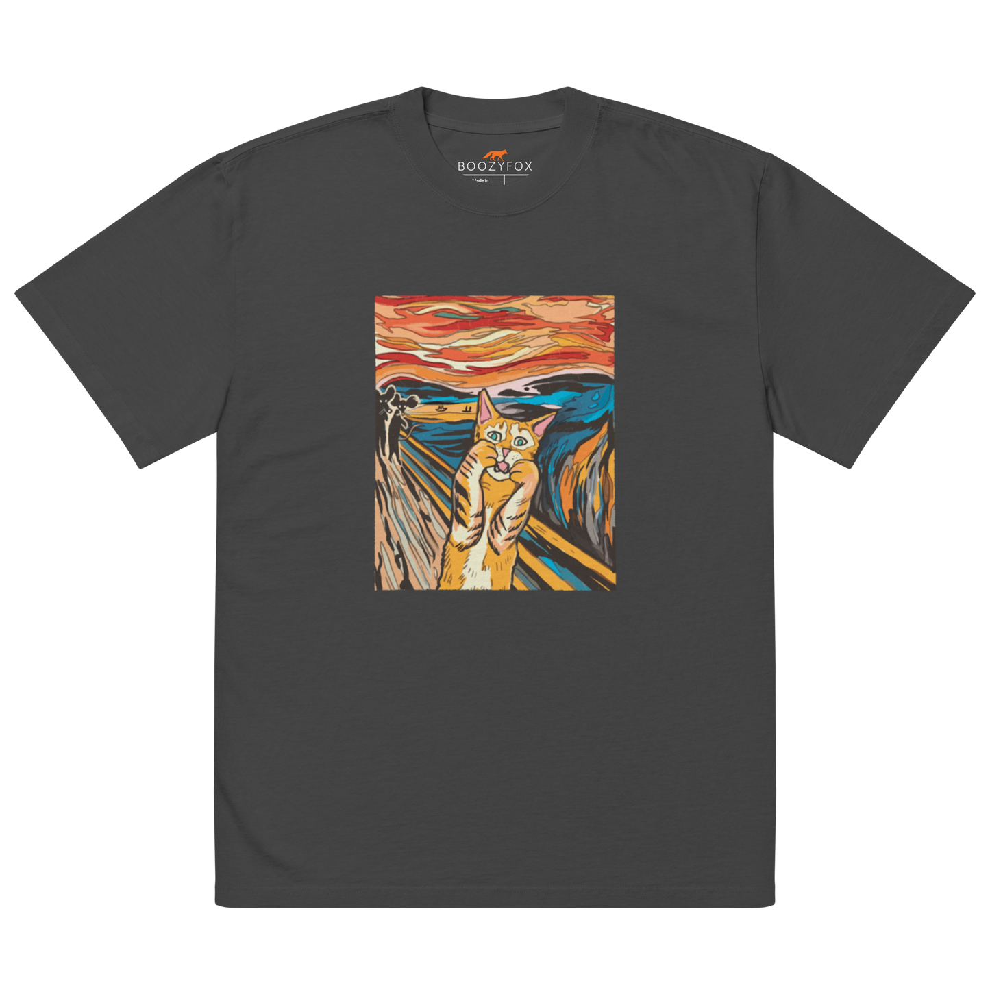 Faded Black Screaming Cat Oversized T-Shirt showcasing the iconic 'The Scream' graphic on the chest - Funny Graphic Cat Oversized Tees - Boozy Fox