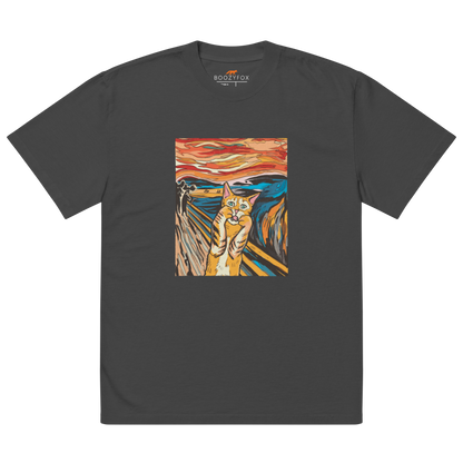 Faded Black Screaming Cat Oversized T-Shirt showcasing the iconic 'The Scream' graphic on the chest - Funny Graphic Cat Oversized Tees - Boozy Fox