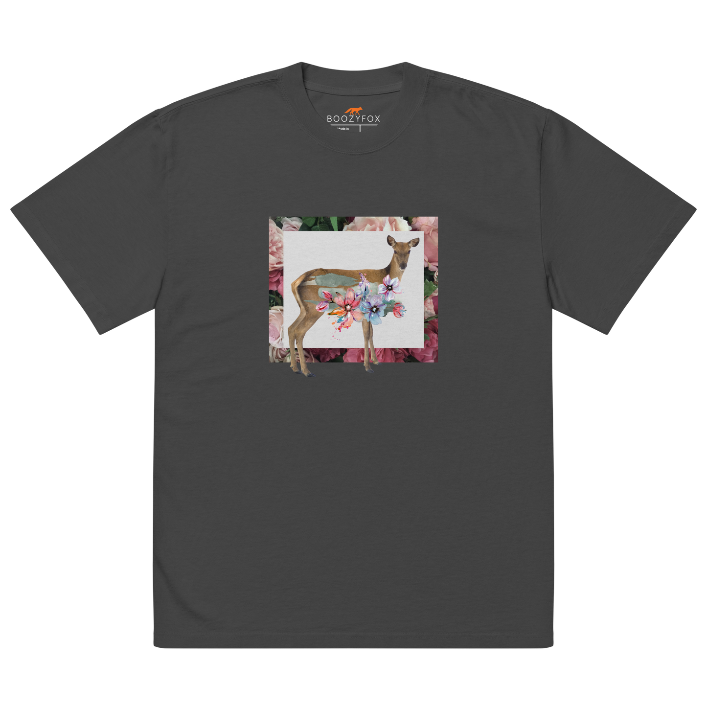 Faded Black Deer Oversized T-Shirt featuring a captivating Floral Deer graphic on the chest - Cute Graphic Deer Oversized Tees - Boozy Fox