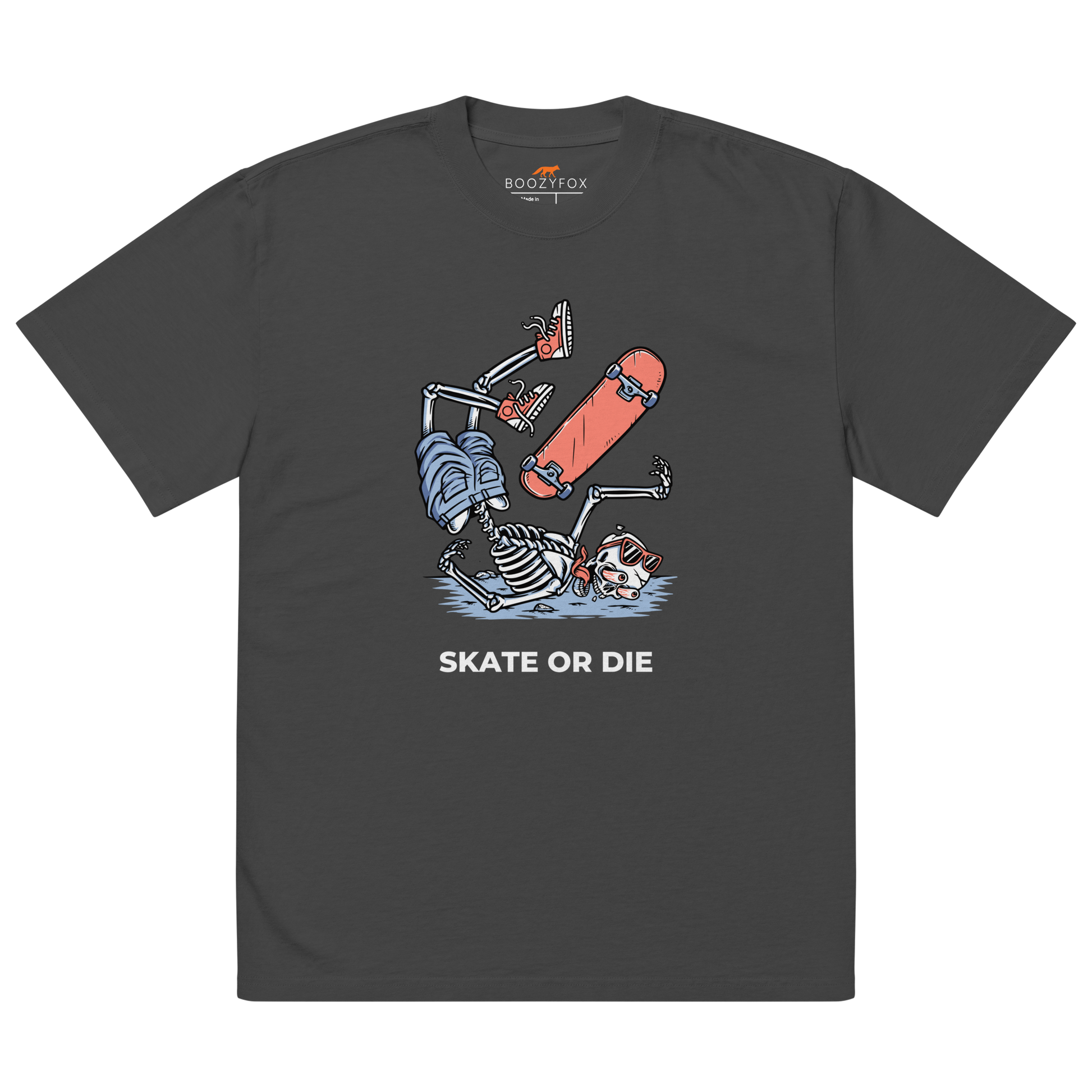 Faded Black Skate or Die Oversized T-Shirt featuring a fearless Skeleton Falling While Skateboarding graphic on the chest - Cool Graphic Skeleton Oversized Tees - Boozy Fox