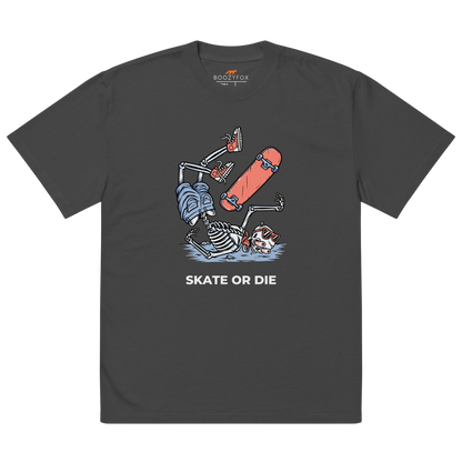 Faded Black Skate or Die Oversized T-Shirt featuring a fearless Skeleton Falling While Skateboarding graphic on the chest - Cool Graphic Skeleton Oversized Tees - Boozy Fox