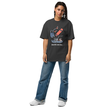 Woman wearing a Faded Black Skate or Die Oversized T-Shirt featuring a fearless Skeleton Falling While Skateboarding graphic on the chest - Cool Graphic Skeleton Oversized Tees - Boozy Fox