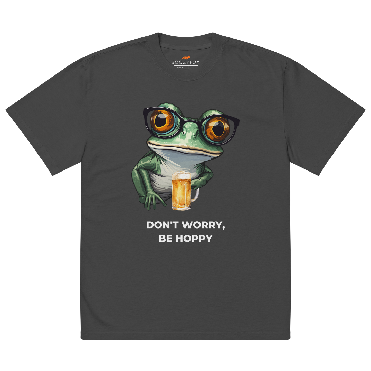 Faded Black Frog Oversized T-Shirt featuring a ribbitting Don't Worry, Be Hoppy graphic on the chest - Funny Graphic Frog Oversized Tees - Boozy Fox