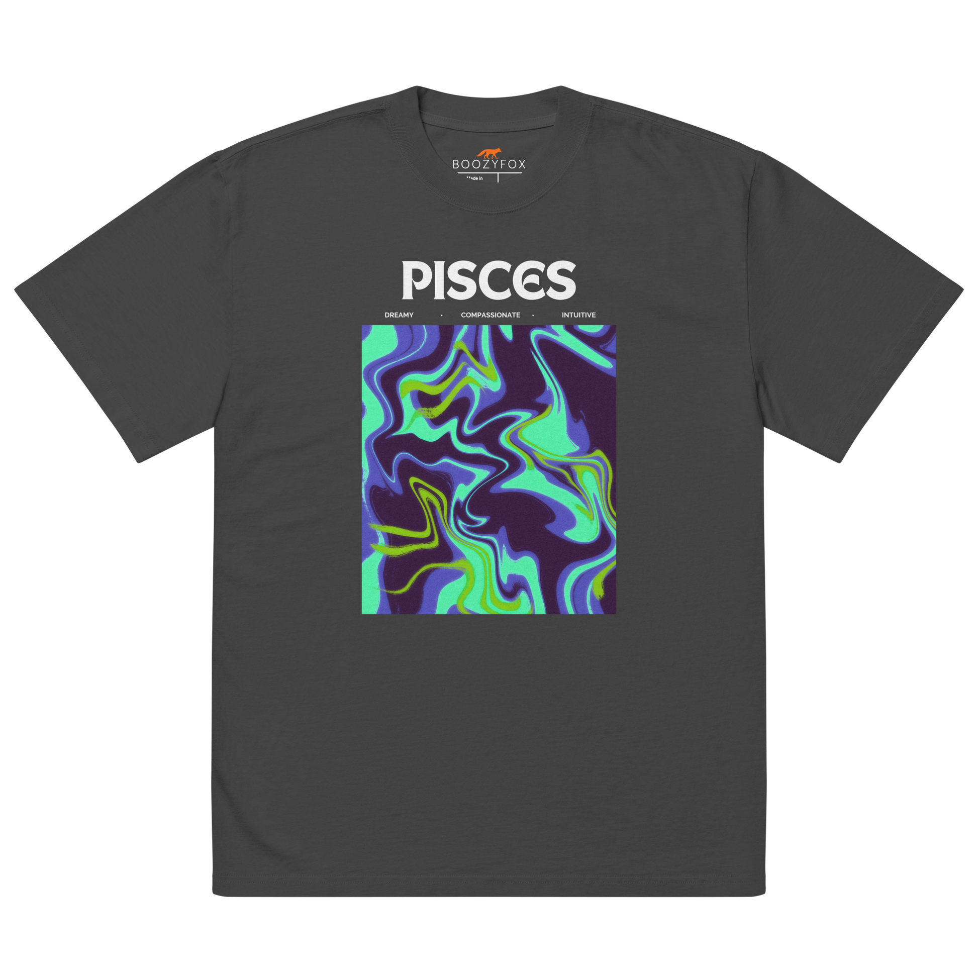 Faded Black Pisces Oversized T-Shirt featuring an Abstract Pisces Star Sign graphic on the chest - Cool Graphic Zodiac Oversized Tees - Boozy Fox