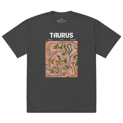 Faded Black Taurus Oversized T-Shirt featuring an Abstract Taurus Star Sign graphic on the chest - Cool Graphic Zodiac Oversized Tees - Boozy Fox