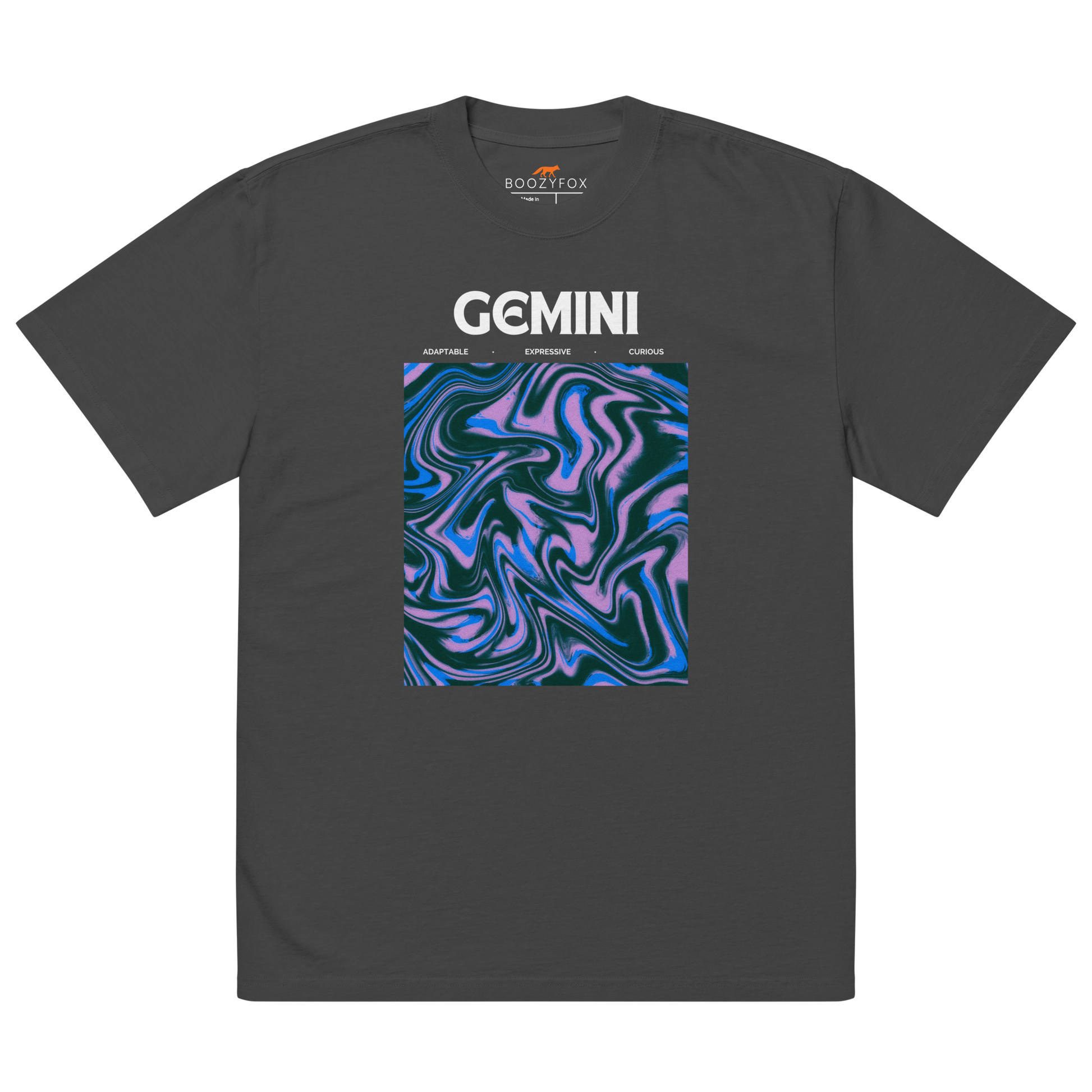 Faded Black Gemini Oversized T-Shirt featuring an Abstract Gemini Star Sign graphic on the chest - Cool Graphic Zodiac Oversized Tees - Boozy Fox