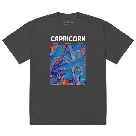 Faded Black Capricorn Oversized T-Shirt featuring an Abstract Capricorn Star Sign graphic on the chest - Cool Graphic Zodiac Oversized Tees - Boozy Fox