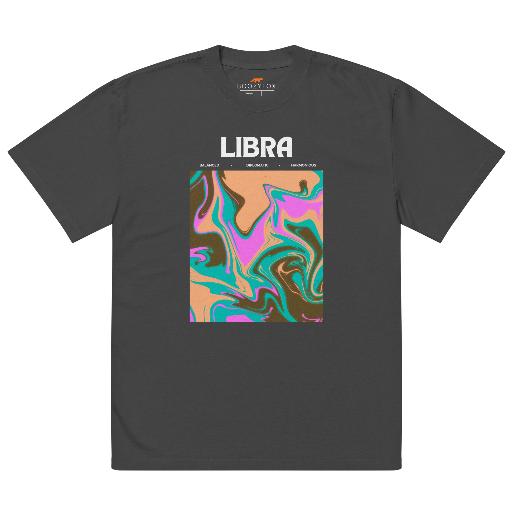 Faded Black Libra Oversized T-Shirt featuring an Abstract Libra Star Sign graphic on the chest - Cool Graphic Zodiac Oversized Tees - Boozy Fox