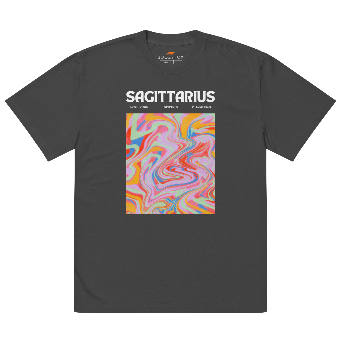 Faded Black Sagittarius Oversized T-Shirt featuring an Abstract Sagittarius Star Sign graphic on the chest - Cool Graphic Zodiac Oversized Tees - Boozy Fox