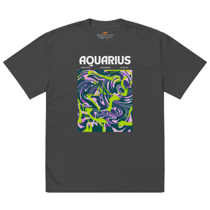 Faded Black Aquarius Oversized T-Shirt featuring an Abstract Aquarius Star Sign graphic on the chest - Cool Graphic Zodiac Oversized Tees - Boozy Fox