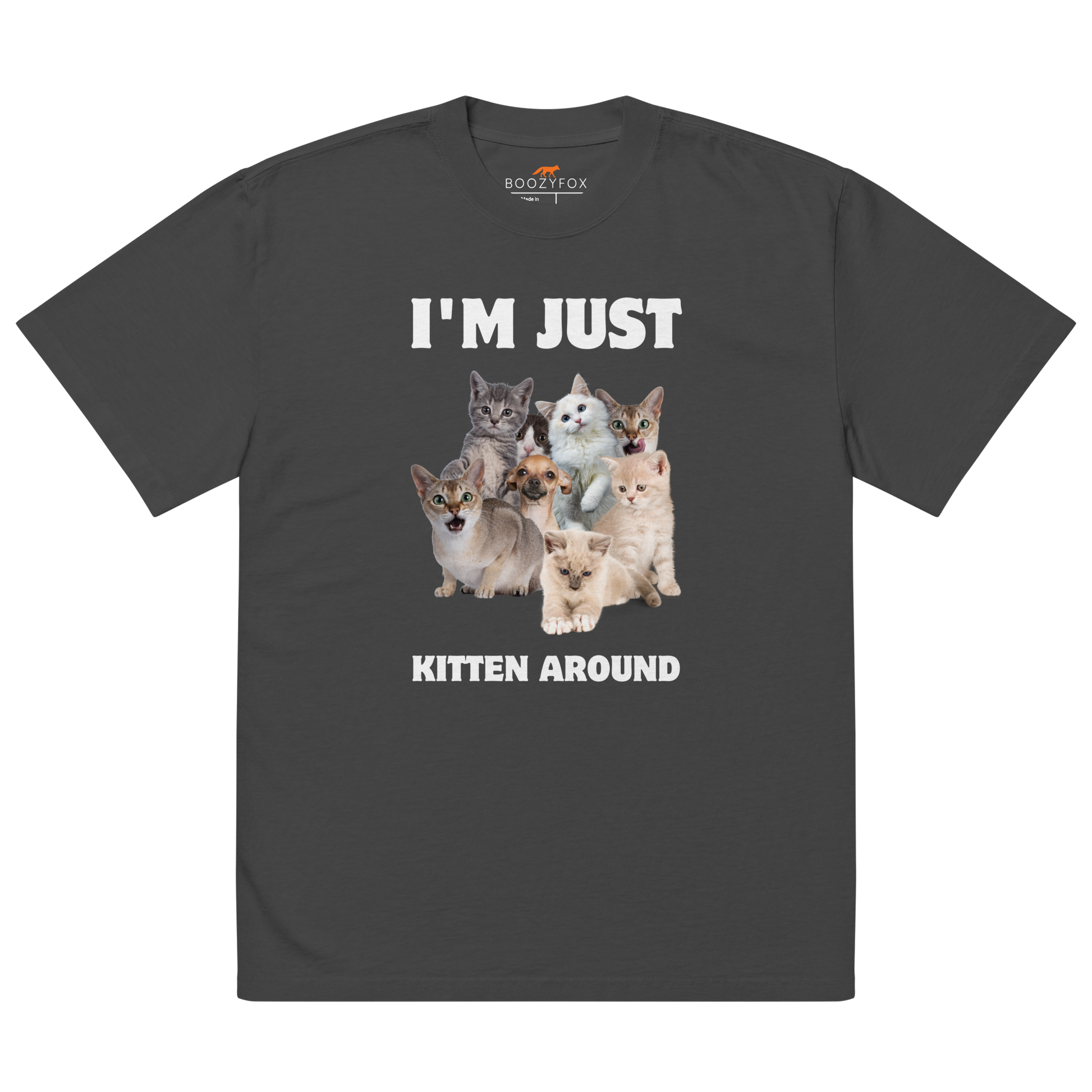 Faded Black Cat Oversized T-Shirt featuring an I'm Just Kitten Around graphic on the chest - Funny Graphic Cat Oversized Tees - Boozy Fox
