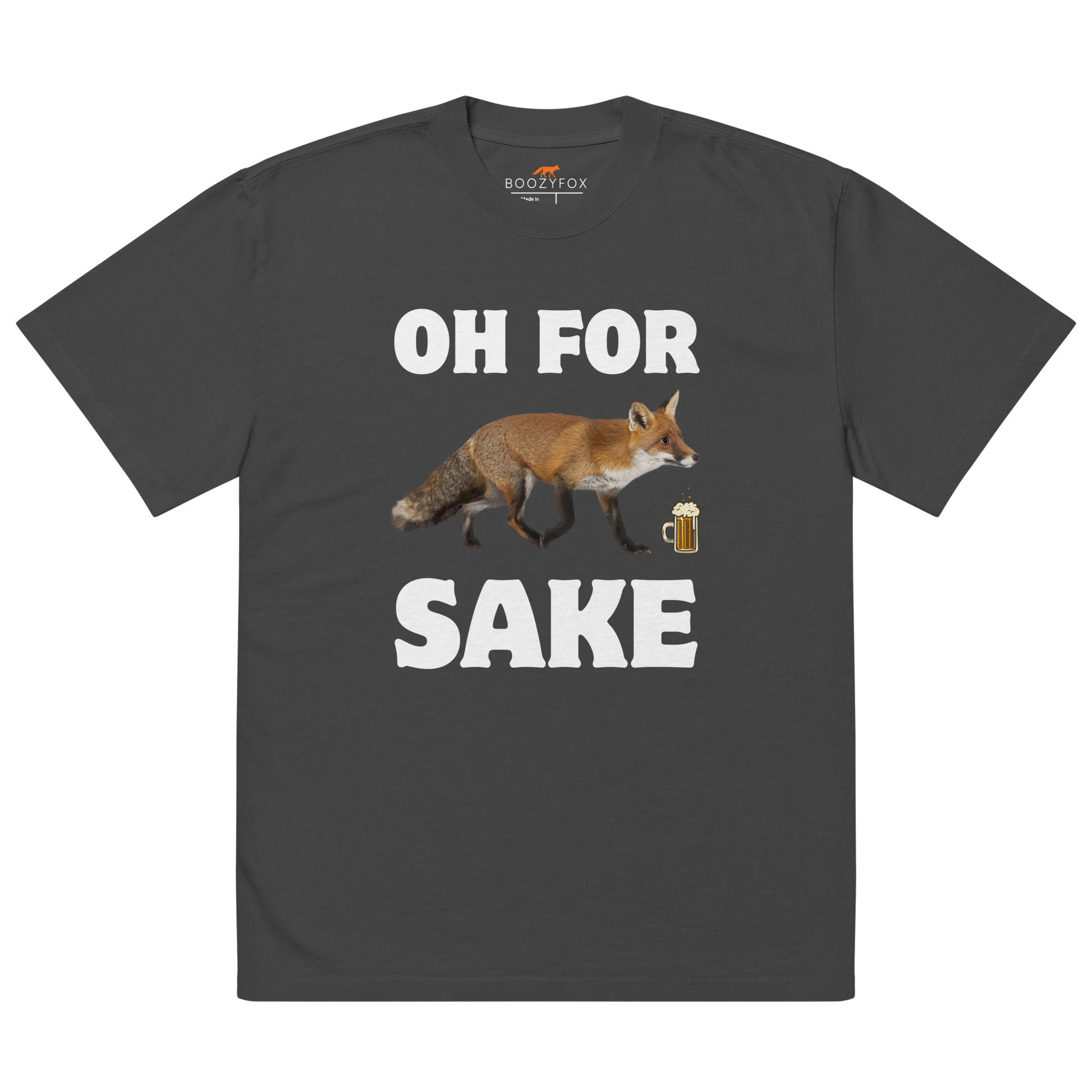 Faded Black Fox Oversized T-Shirt featuring a Oh For Fox Sake graphic on the chest - Funny Graphic Fox Oversized Tees - Boozy Fox