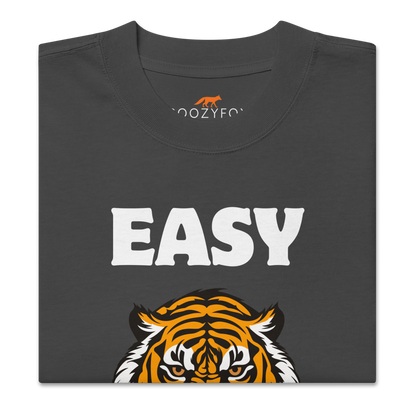 Front details of a Faded Black Tiger Oversized T-Shirt featuring a Easy Tiger graphic on the chest - Funny Graphic Tiger Oversized Tees - Boozy Fox