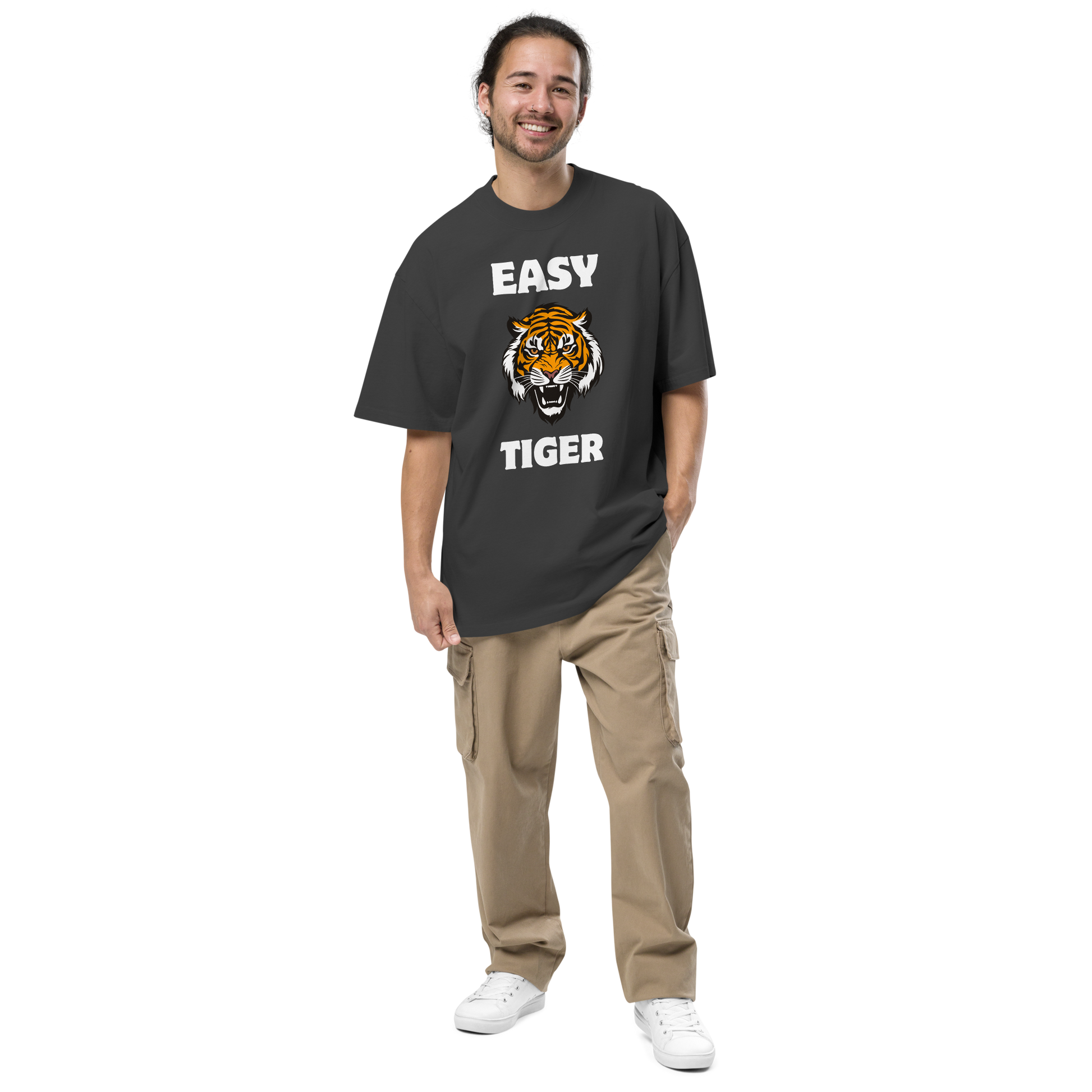 Man wearing a Faded Black Tiger Oversized T-Shirt featuring a Easy Tiger graphic on the chest - Funny Graphic Tiger Oversized Tees - Boozy Fox