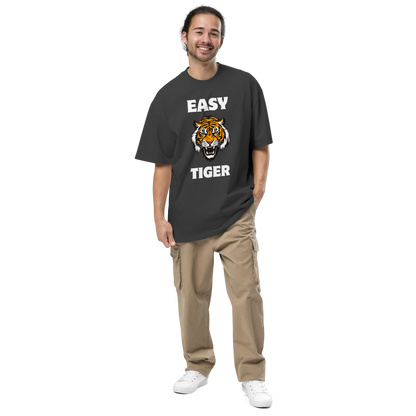 Man wearing a Faded Black Tiger Oversized T-Shirt featuring a Easy Tiger graphic on the chest - Funny Graphic Tiger Oversized Tees - Boozy Fox