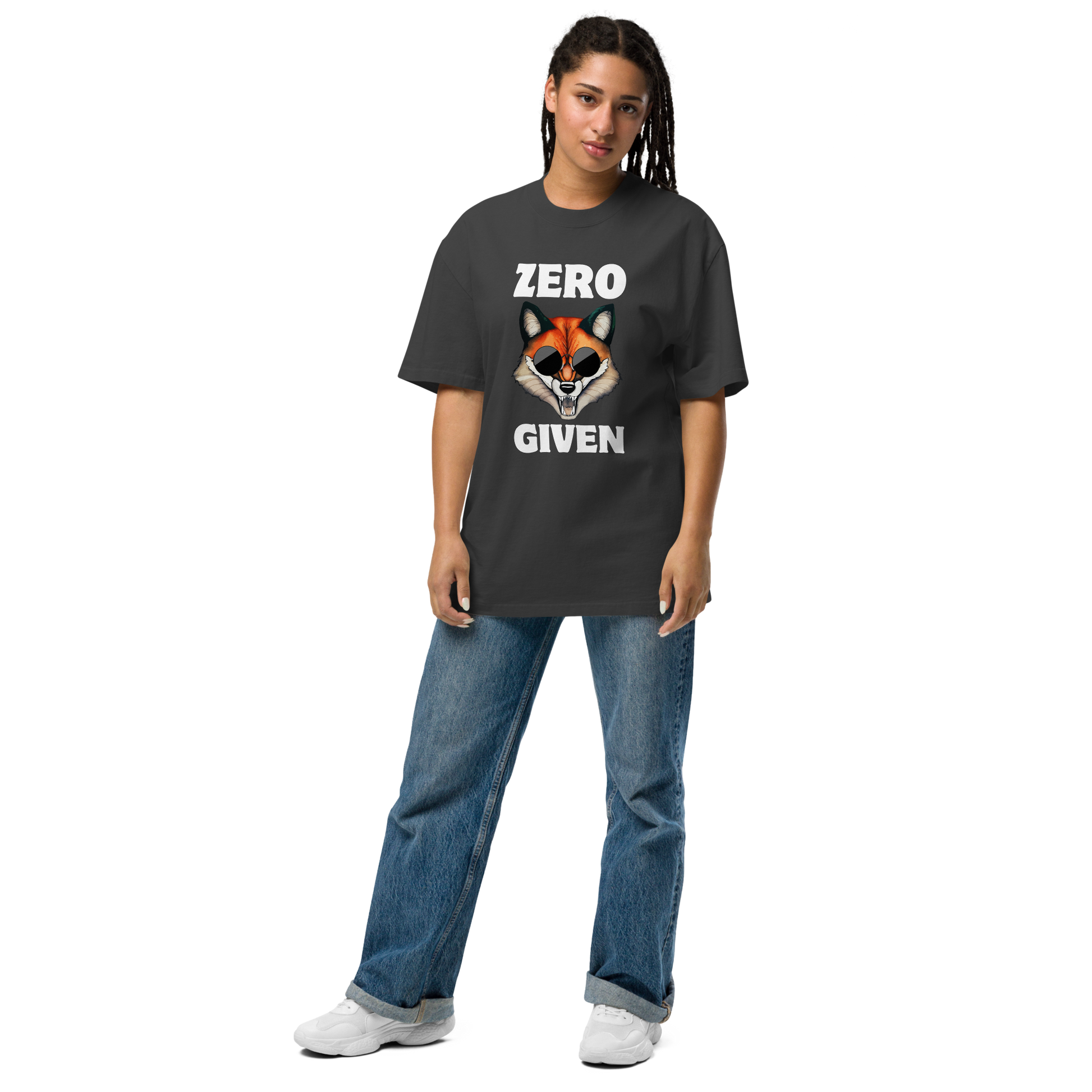 Woman wearing a Faded Black Fox Oversized T-Shirt featuring a Zero Fox Given graphic on the chest - Funny Graphic Fox Oversized Tees - Boozy Fox