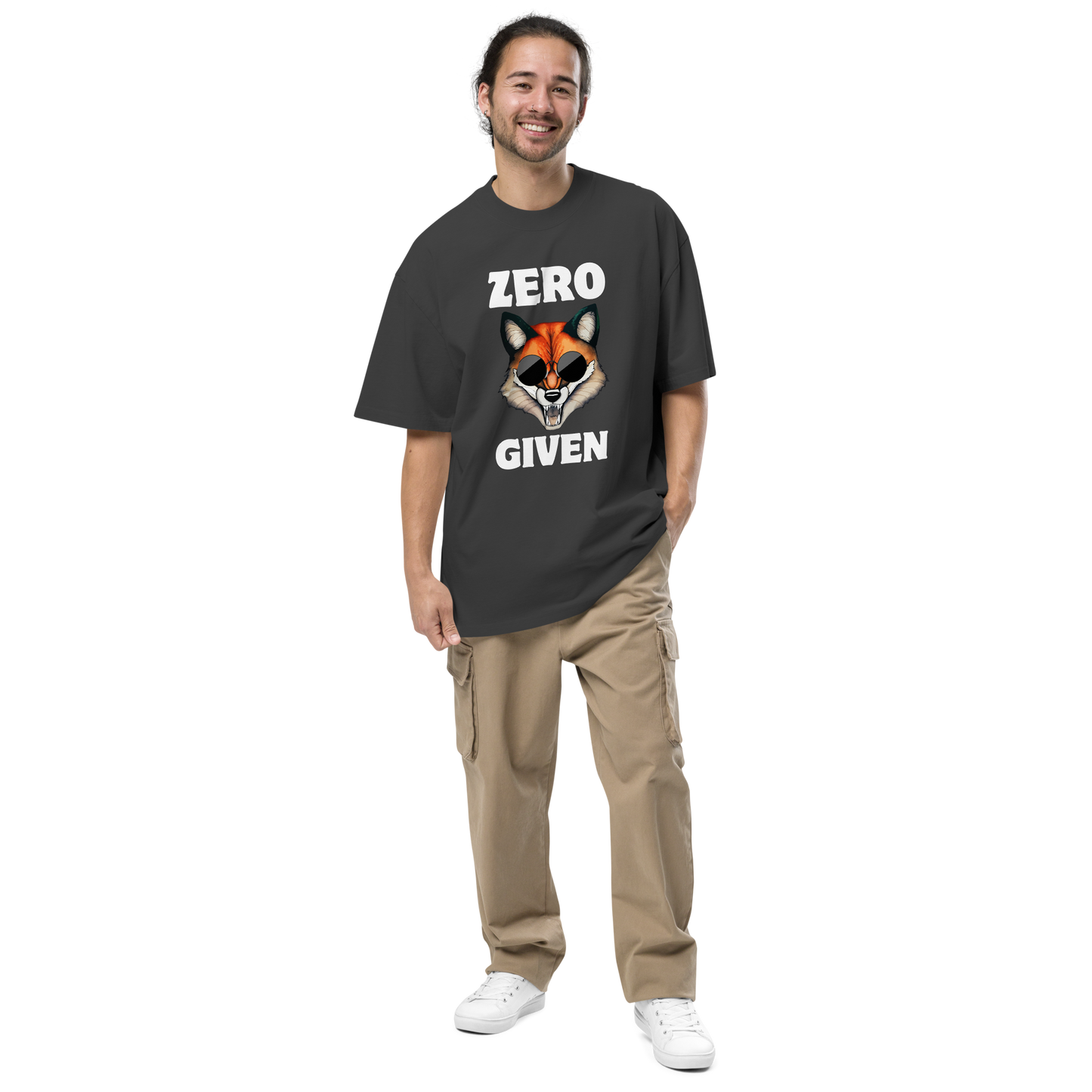 Man wearing a Faded Black Fox Oversized T-Shirt featuring a Zero Fox Given graphic on the chest - Funny Graphic Fox Oversized Tees - Boozy Fox