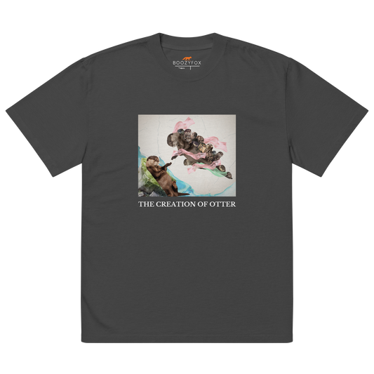 Faded Black Otter Oversized T-Shirt featuring a playful The Creation of Otter parody of Michelangelo's masterpiece - Artsy/Funny Graphic Otter Oversized Tees - Boozy Fox