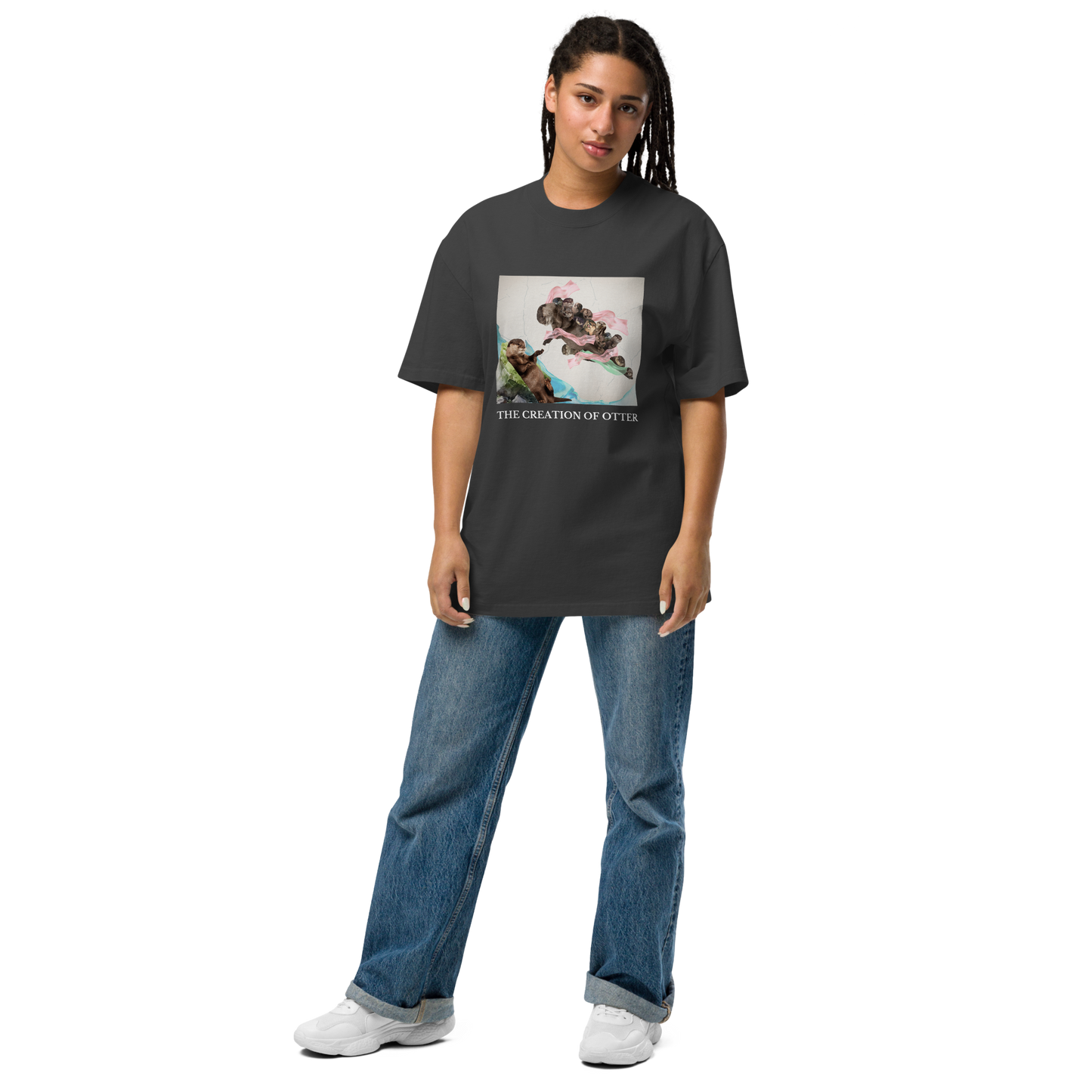 Woman wearing a Faded Black The Creation of Otter Oversized Tee - Boozy Fox