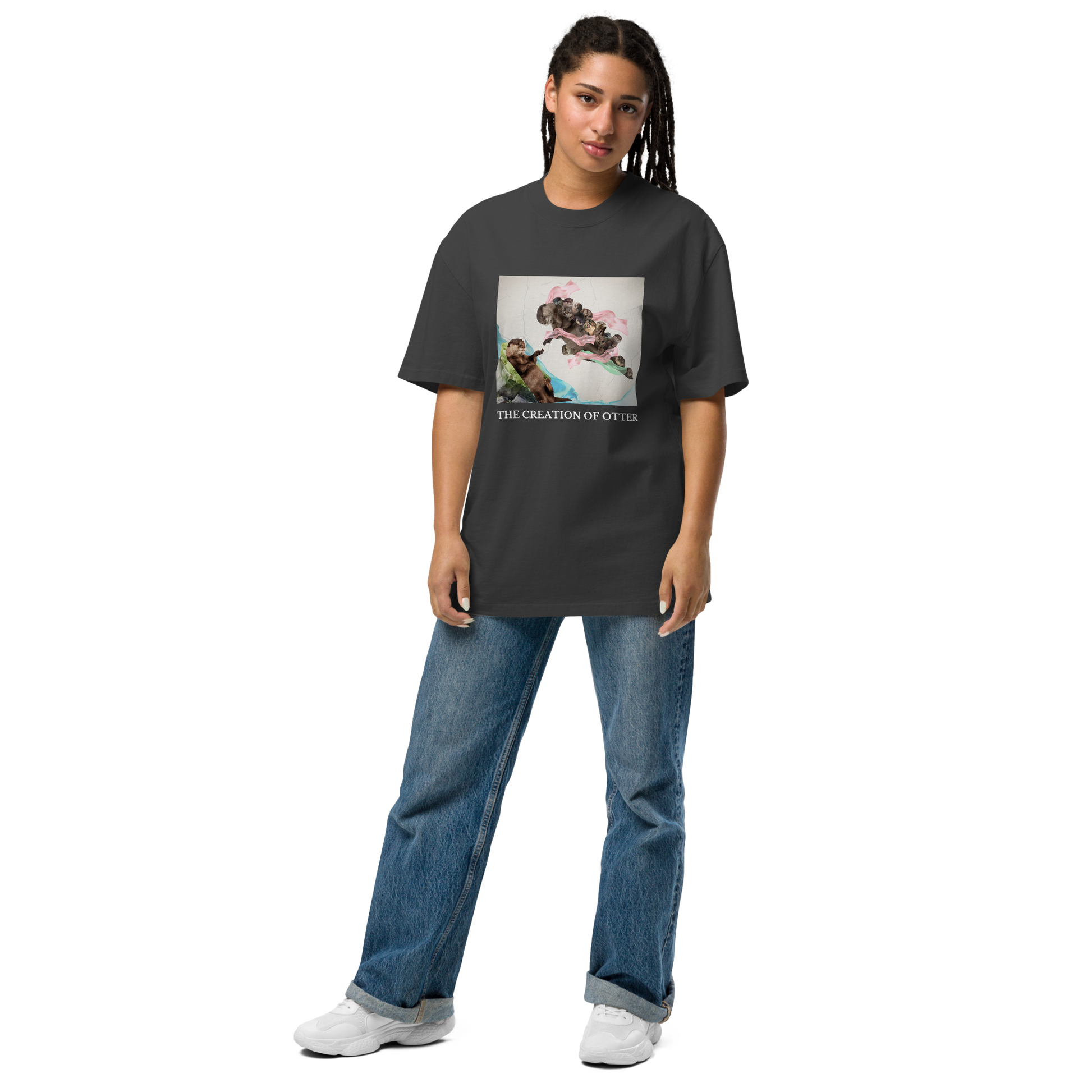 Woman wearing a Faded Black The Creation of Otter Oversized Tee - Boozy Fox