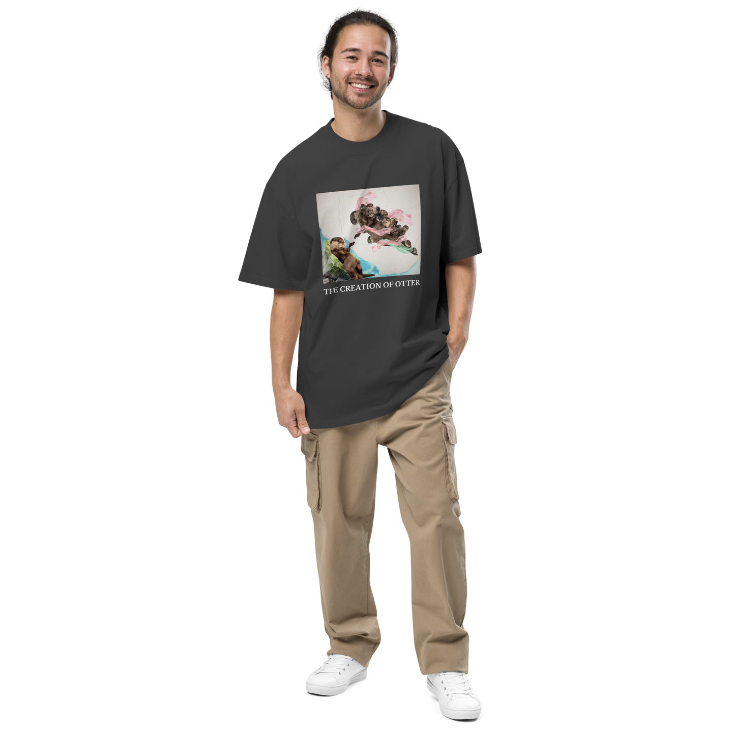 Man wearing a Faded Black The Creation of Otter Oversized Tee - Boozy Fox