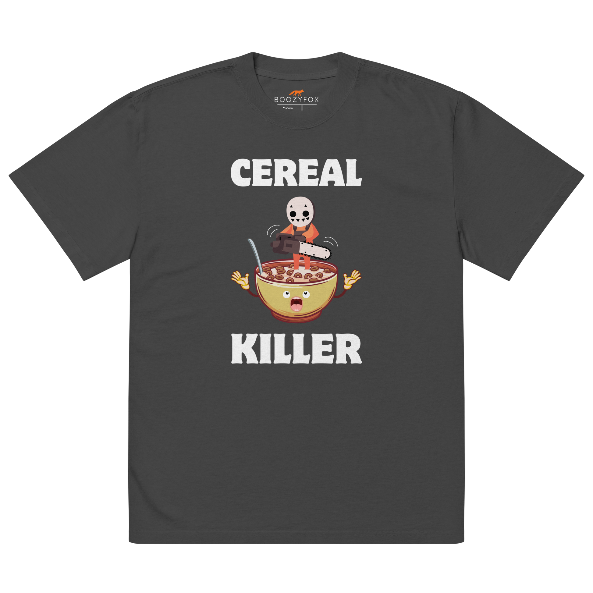 Faded Black Cereal Killer Oversized T-Shirt featuring a Cereal Killer graphic on the chest - Funny Graphic Oversized Tees - Boozy Fox
